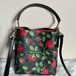 Coach Mollie Bucket Bag 22 Signature Rose Print Graphite Red CC976 Crossbody NEW